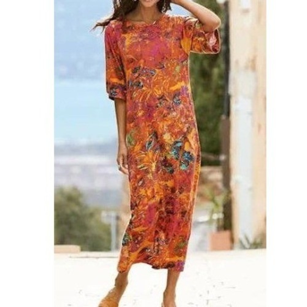 Peruvian Connection Bollywood Midi Dress Womens Medium Orange Floral Cotton